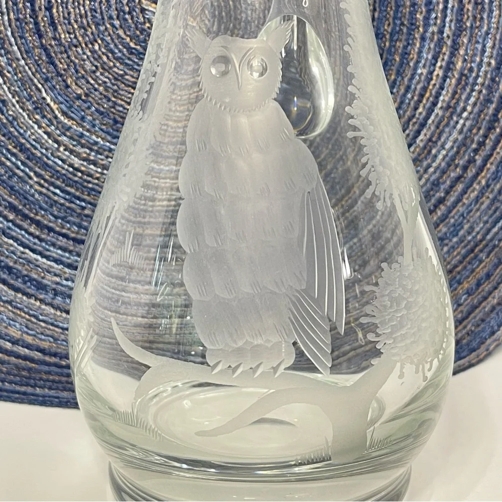 Etched Clear Glass Long Neck Bar Carafe 11” Owl Tree Branch Elegant Barware